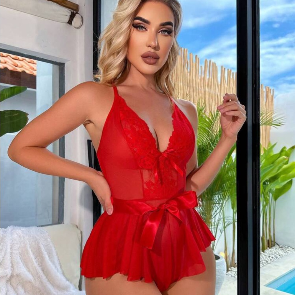 Contrast Lace Bow Front Ruffle Hem Belted Teddy Bodysuit